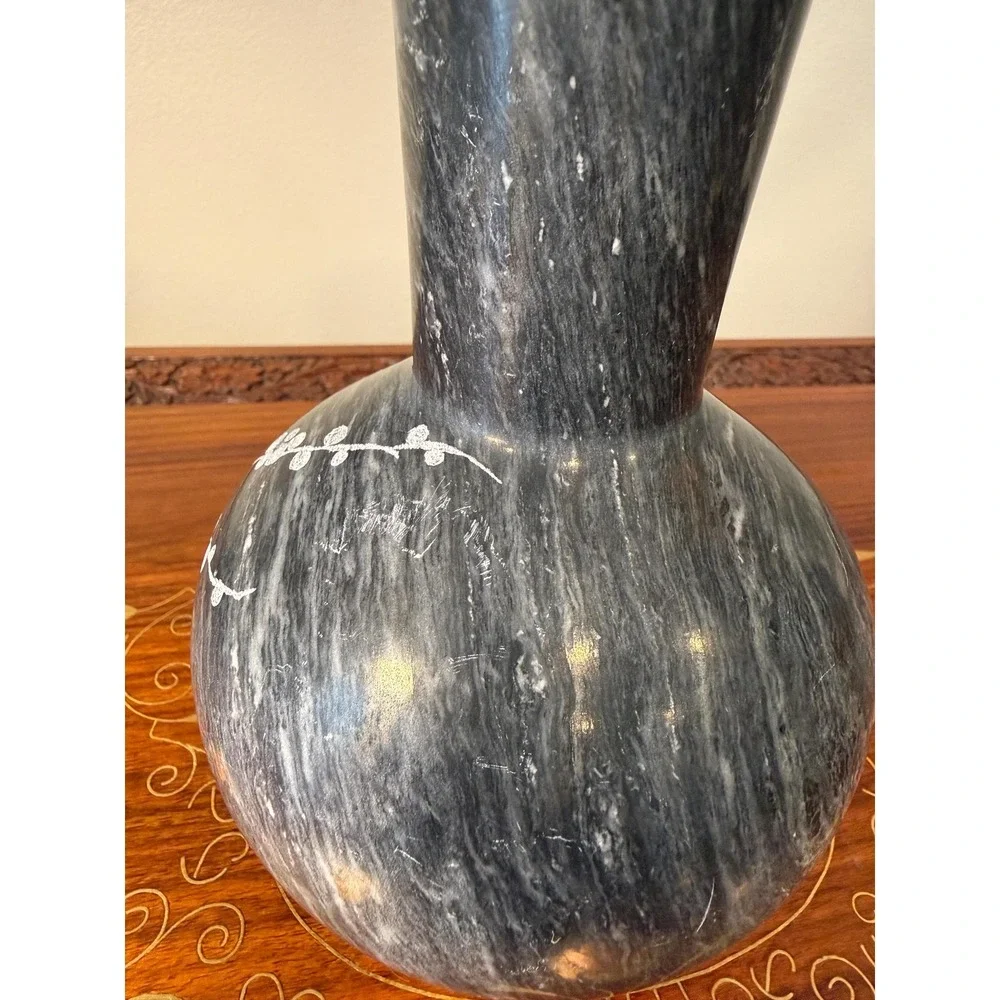 Vintage Etched Marble Vase • Hand-Carved Gray Stone‎ Floral Bud Vase